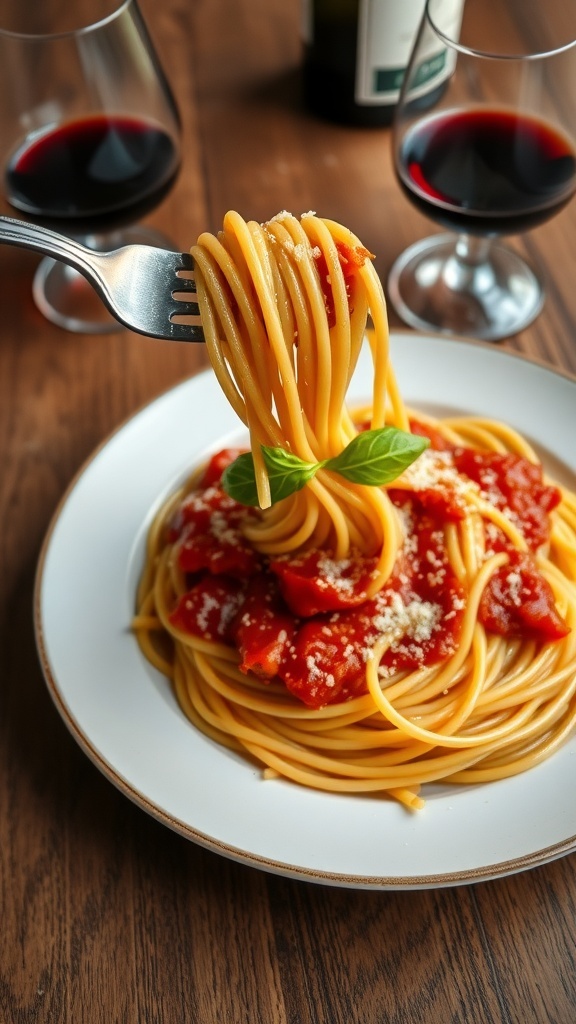 A plate of spaghetti with marinara sauce, Parmesan cheese, and basil on a wooden table.